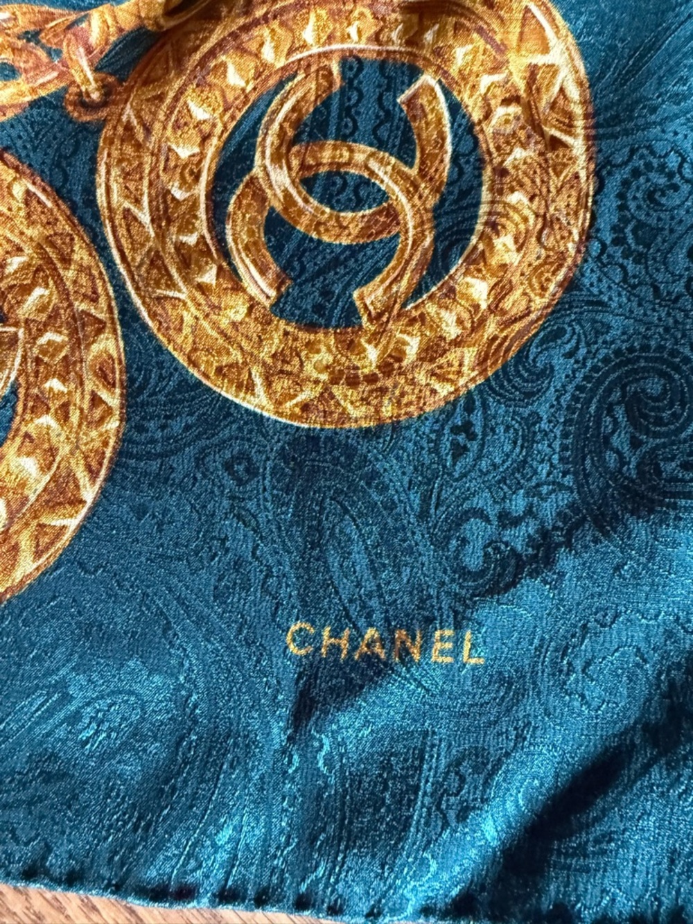 CHANEL Teal/Emerald Green Silk Scarf with Gold Chain Medallions - Picture 2 of 2